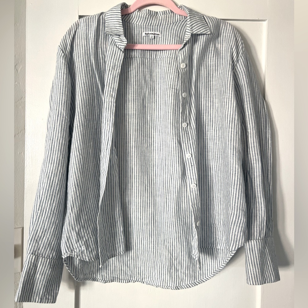 Reformation Blue & White Striped Button-Down